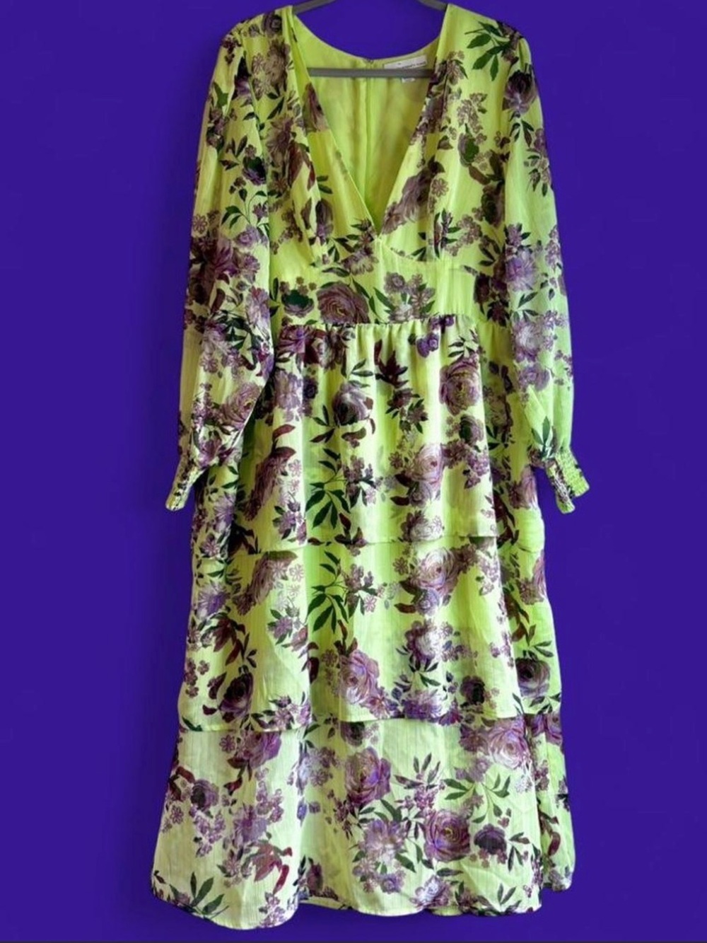 Floral V-Neck Maxi Dress in Lime & Purple